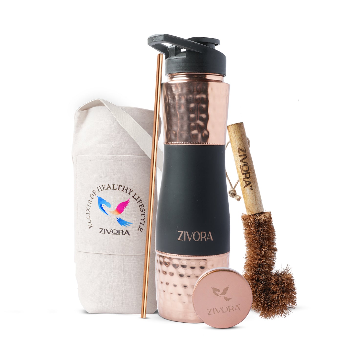 Hammered Copper Water Bottle with Rubber Coated Grip (Dual Cap)