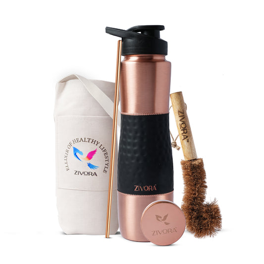 Plain Copper Water Bottle with Hammered Rubber Grip (Dual Cap)