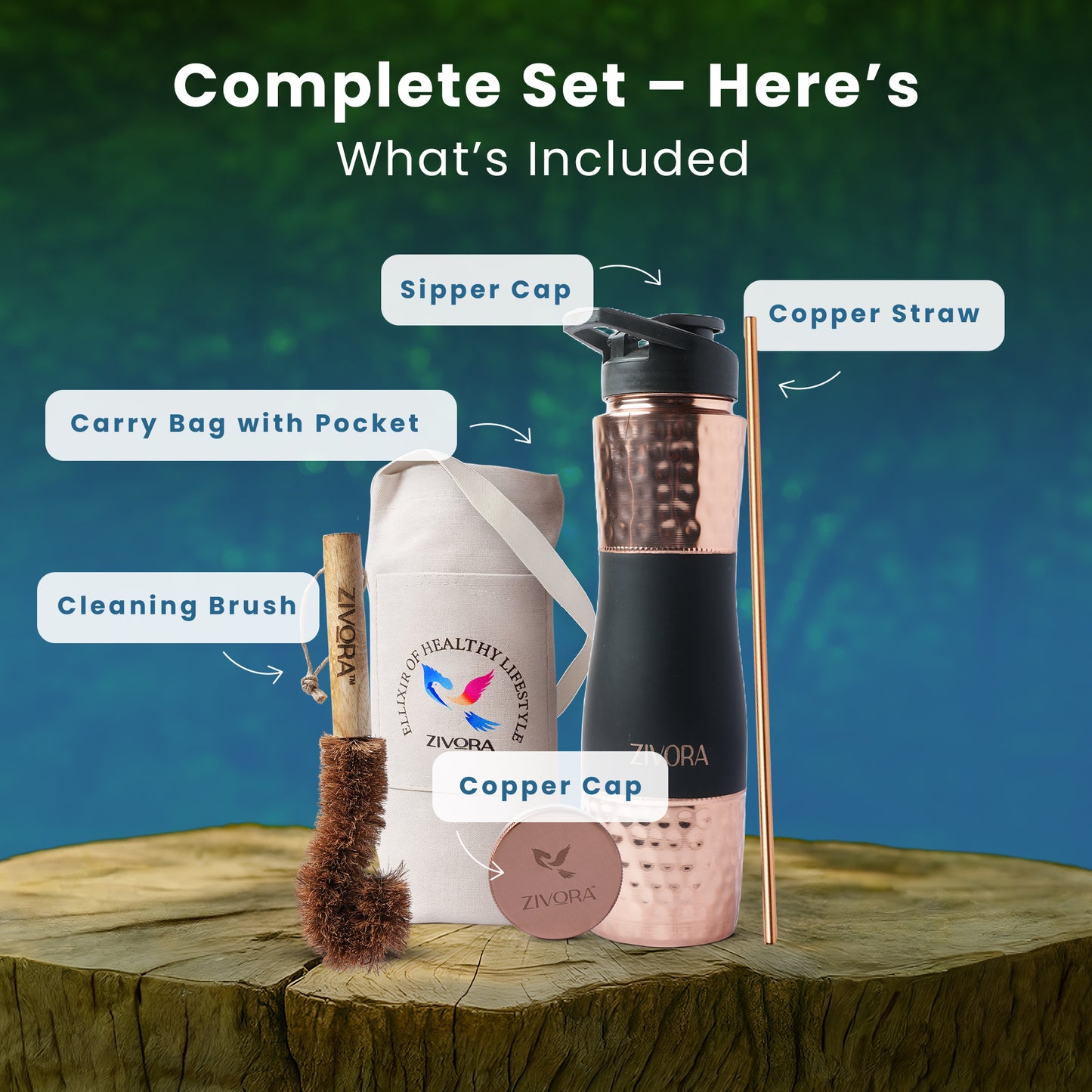 Hammered Copper Water Bottle with Rubber Coated Grip (Dual Cap)