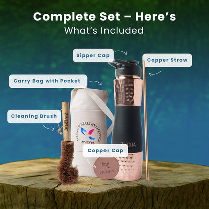 Hammered Copper Water Bottle with Rubber Coated Grip (Dual Cap)