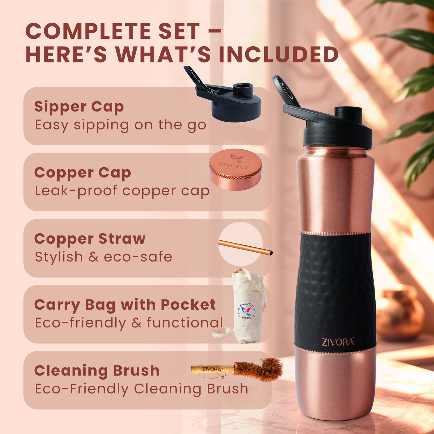 Plain Copper Water Bottle with Hammered Rubber Grip (Dual Cap)