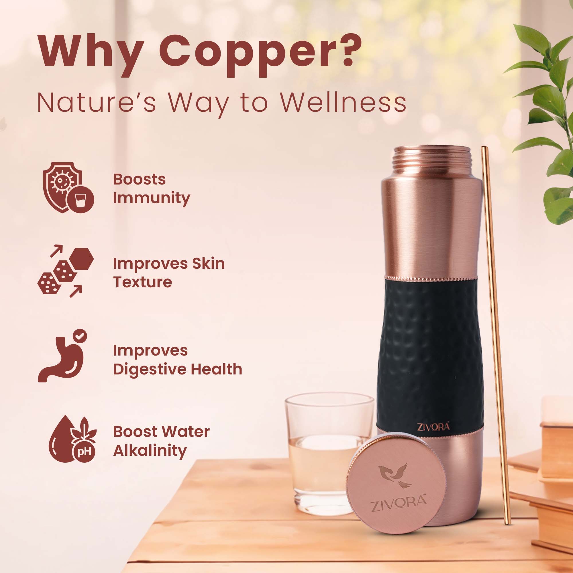 Plain Copper Water Bottle with Hammered Rubber Grip (Dual Cap