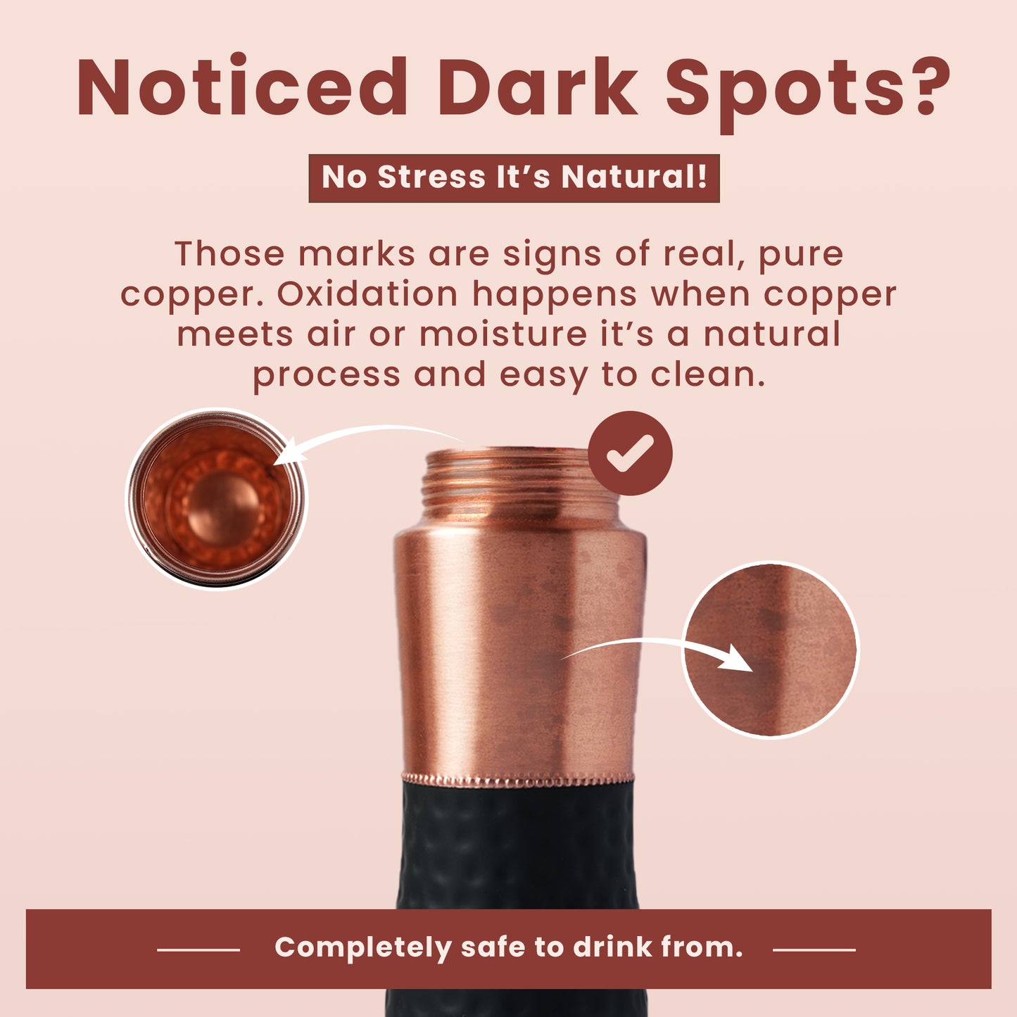 Plain Copper Water Bottle with Hammered Rubber Grip (Dual Cap)