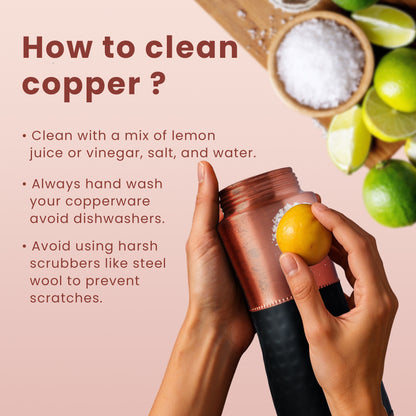 Plain Copper Water Bottle with Hammered Rubber Grip (Dual Cap)