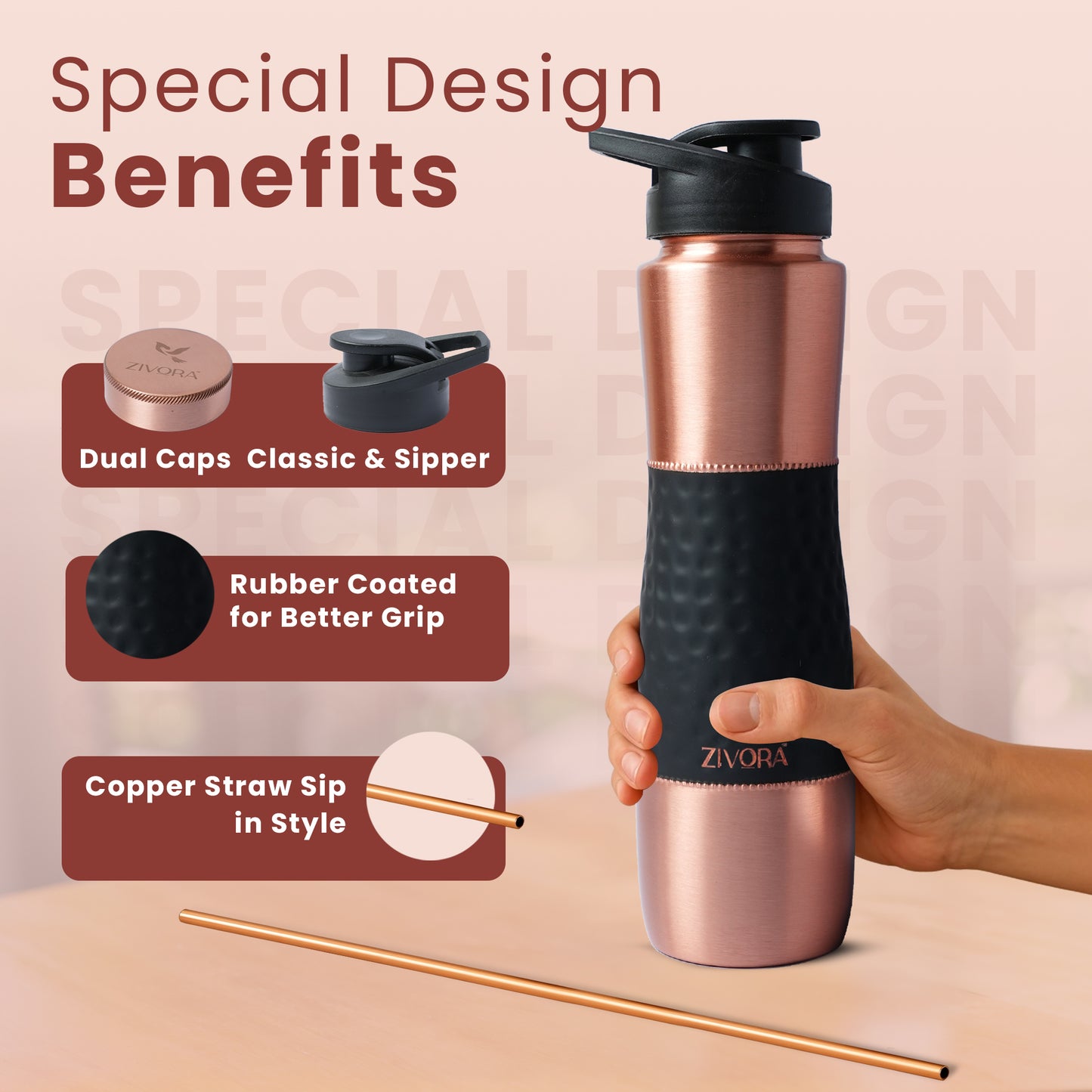Plain Copper Water Bottle with Hammered Rubber Grip (Dual Cap)