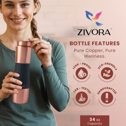 Plain Copper Water Bottle with Hammered Rubber Grip (Dual Cap)