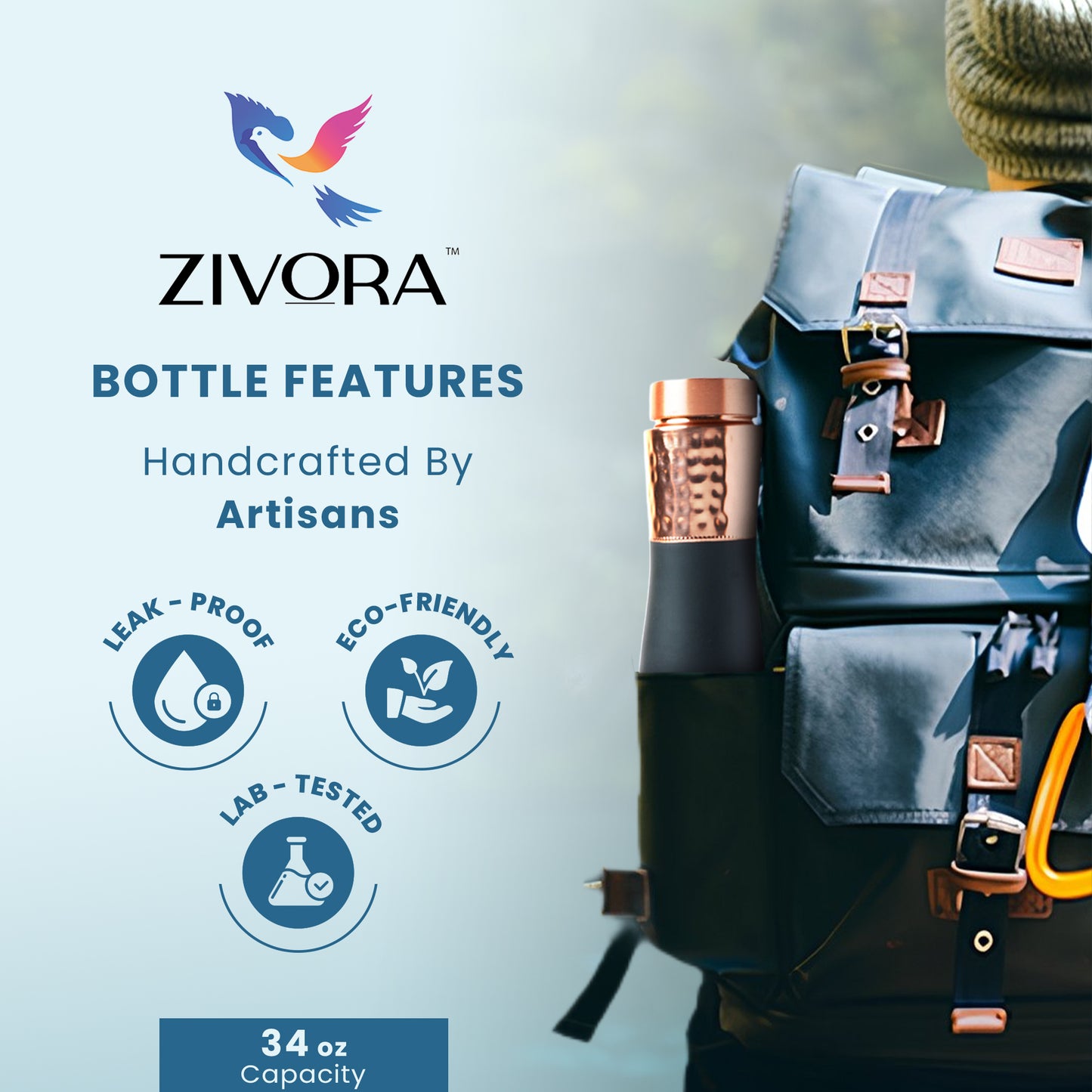 Hammered Copper Water Bottle with Rubber Coated Grip (Dual Cap)