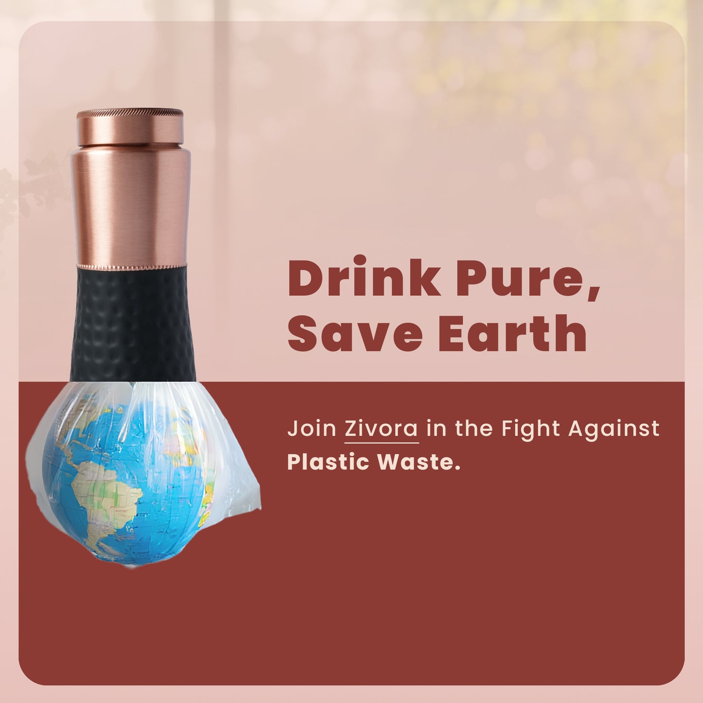 Plain Copper Water Bottle with Hammered Rubber Grip (Dual Cap)